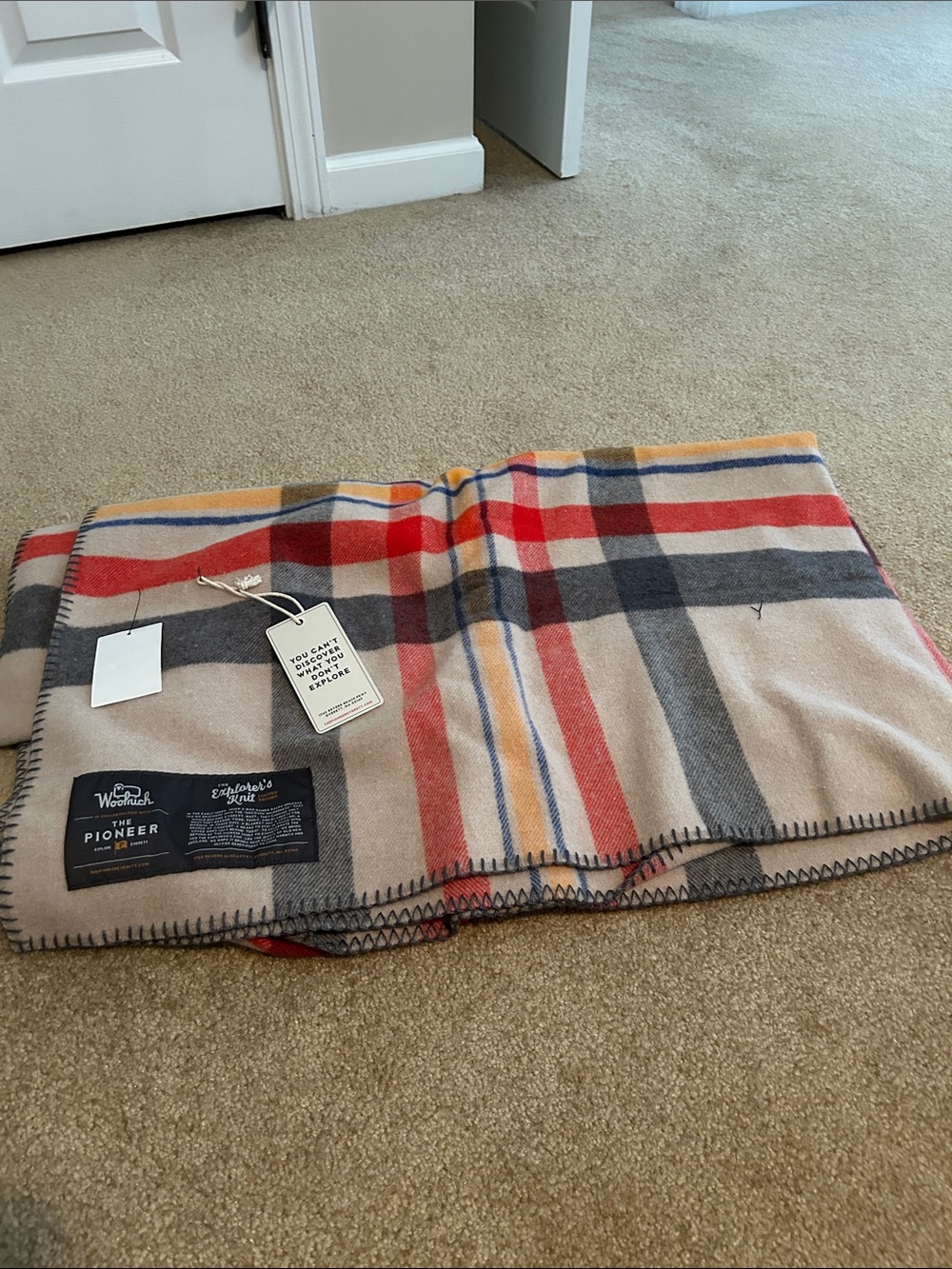 Woolrich Plaid Wool Blanket in Beige, Red & Gray